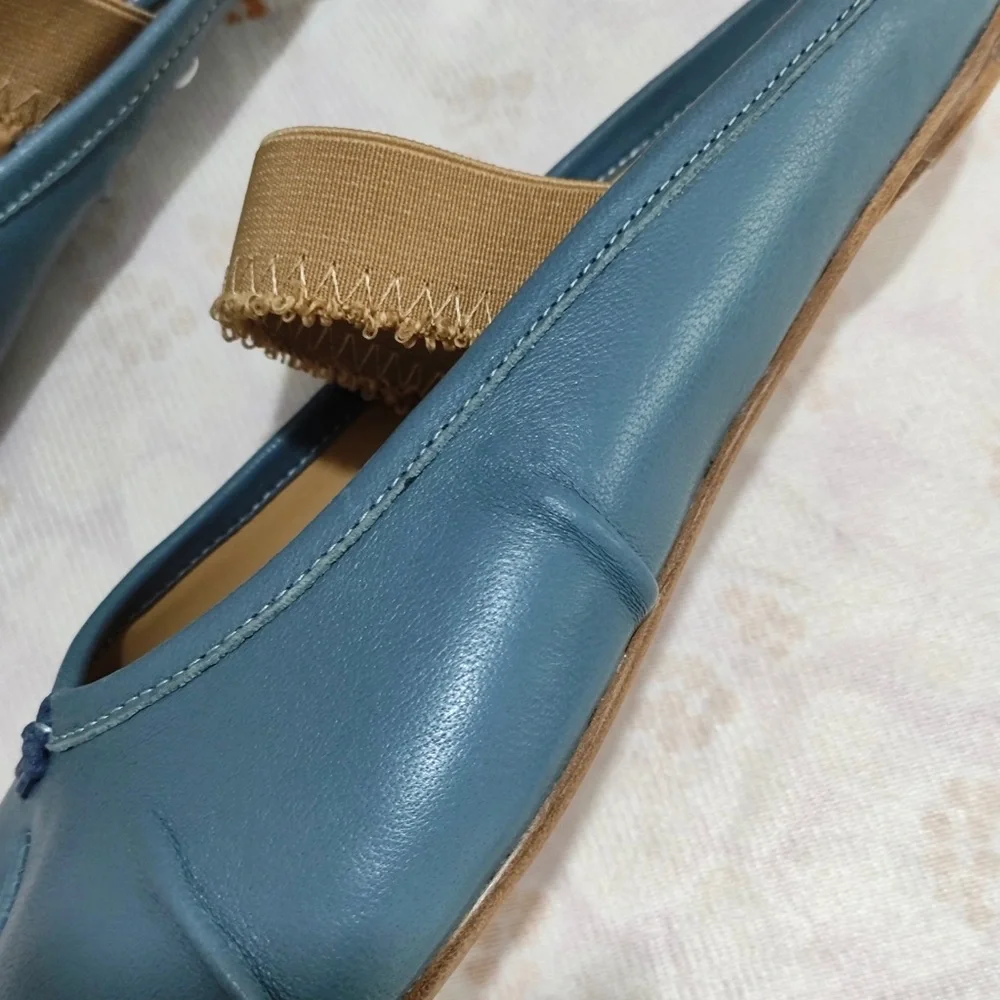 Maison Martin Margiela Teal Blue Leather Tabi Flats with Tan Strap